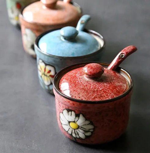 Vista 4 de 123Arts Cerámica Retro Flor Azúcar Sal Pimienta Tarro de Almacenamiento de Condimentos con Tapa Y Cuchara