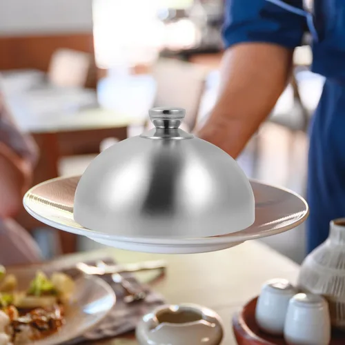 Vista 2 de Hemoton Cubierta de acero inoxidable de 10 pulgadas para alimentos, tapa de cúpula con asa para filete Teppanyaki antisalpicaduras de aceite, tapa