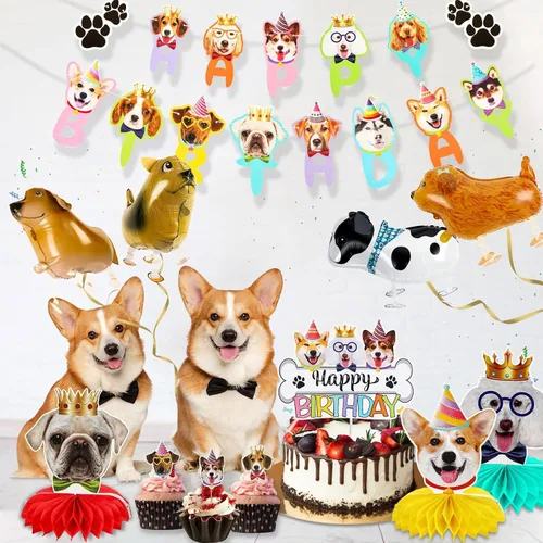 Vista 4 de 39 piezas de decoración para fiesta de perros - Bandera de cumpleaños, panales, globos y adornos para cupcakes para amantes de perros