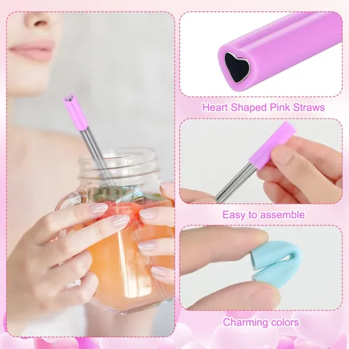 Vista 3 de Jutom Paquete de 8 pajitas de metal con forma de corazón, reutilizables, de acero inoxidable con puntas de silicona, lindas con 2 cepillos