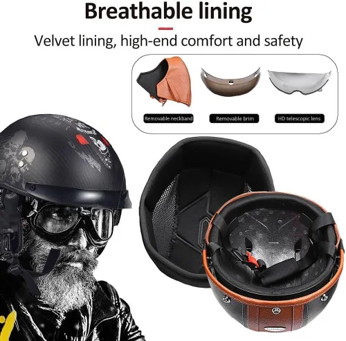 Vista 4 de Casco Moto Retro Jet Vintage DOT Homologado para adultos, hombres y mujeres, forro transpirable desmontable, Visera Retráctil PC y hebilla rápida