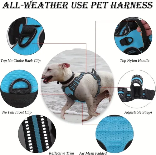 Vista 2 de Arnés ajustable sin tirones para perro, con correas reflectantes, cómodo chaleco acolchado suave para perros medianos y grandes, azul (S, azul)