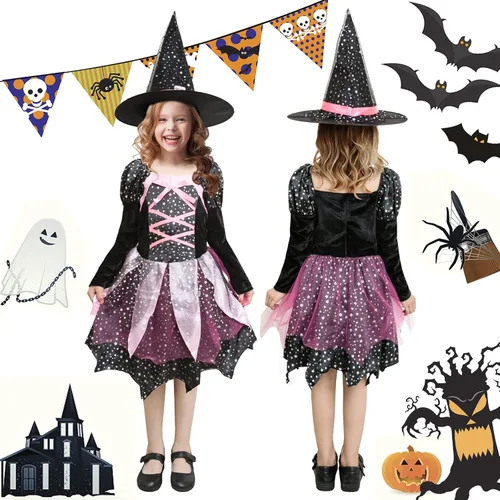Vista 3 de Asmsdd Halloween Witch Costume for 4-7 Years Girls Cute Witch Cosplay Dress Set for Halloween Kids Dress-Up Party
