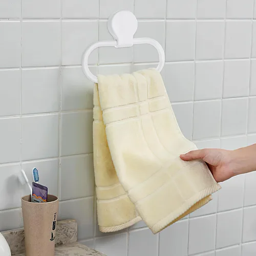 Vista 3 de Toallero adhesivo, soporte de toalla de mano blanco para montaje en pared, anillo ovalado de plástico para baño