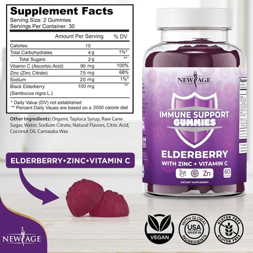 Vista 2 de NEW AGE Gomitas de apoyo al sistema inmunológico, gomitas Sambucus Black Elderberry con vitamina C y zinc (60 unidades (paquete de 1))