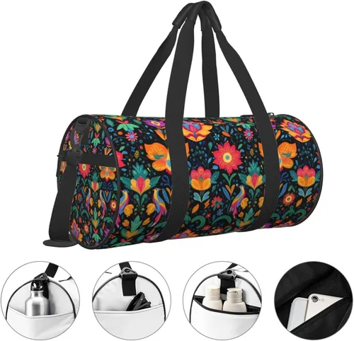 Vista 2 de Large Duffle Bag for Travel - Retro Hand-Drawn Flowers Print Gym Bag for Women Men, Travel Foldable Bags for Women Men with Zippered Multiple Pockets