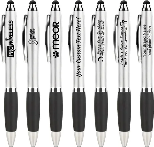 Vista 14 de 100 bolígrafos con logotipo personalizado con punta de lápiz capacitivo, bolígrafos de acción de clic Negro