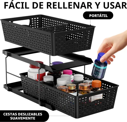 Vista 3 de Simple Houseware Bandeja organizadora de baño de 2 niveles, cajón deslizante extraíble, almacenamiento debajo del fregadero, color negro