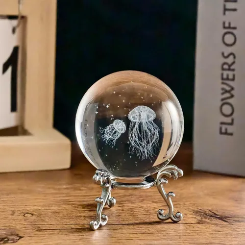Vista 7 de Juego de 2 bolas de cristal y 2 soportes plateados - 1 bola transparente y 1 medusa grabada en 3D con bola de estrella, bola decorativa, esfera