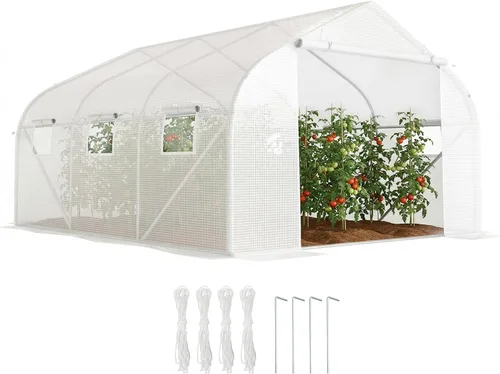 Vista 10 de Outsunny - Invernadero al aire libre de 11.5' x 10' x 6.5', diseño de túnel, con ventanas enrollables, puerta con cremallera, cubierta de PE Verde
