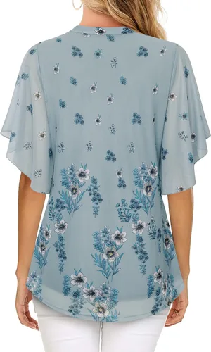 Vista 3 de Timeson Blusas de manga corta con cuello en V para mujer, camisas florales de doble capa de malla
