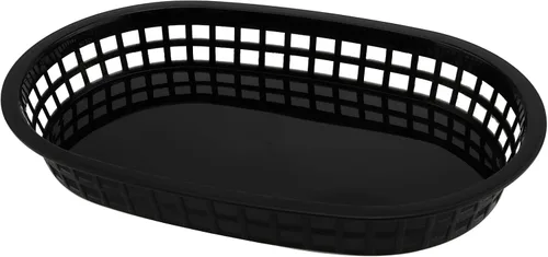 Vista 3 de Paquete de 30 cestas de plástico negro de 10.5 x 7 pulgadas, cestas de servicio de restaurante, cesta plana ovalada de comida rápida para picnic