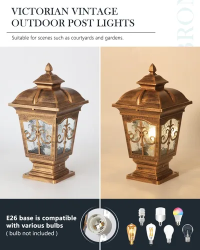 Vista 5 de Paquete de 2 luces de poste para exteriores, lámpara de poste de bronce, luces de calle antiguas para patio, jardín, césped de cerca, camino