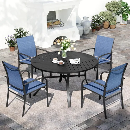 Vista 12 de SUNSHINE VALLEY Juego de comedor de patio para 4, mesa de metal de 37 pulgadas y sillas azules