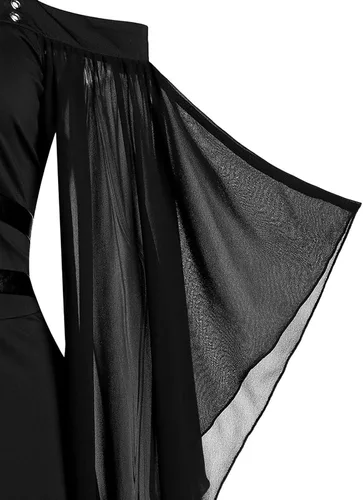 Vista 5 de YZHM Vestido medieval gótico para mujer, vestido renacentista con hombros descubiertos, manga acampanada, vestido pirata campesino, vestido