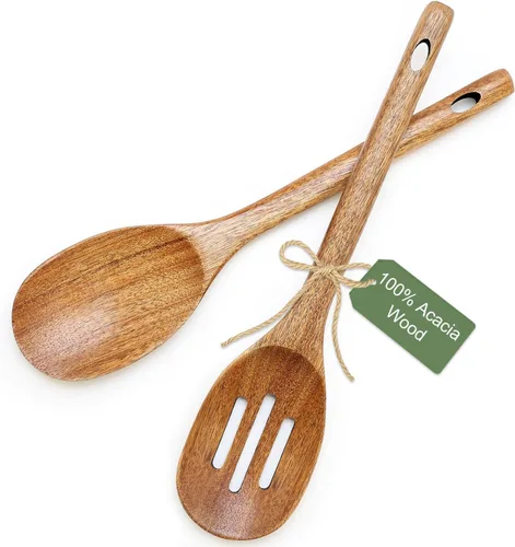 Vista 8 de Cucharas de madera para cocinar espátula no tóxica utensilios de cocina de madera de acacia Best Large Cooking Spoon for Mixing Serving Non Stick