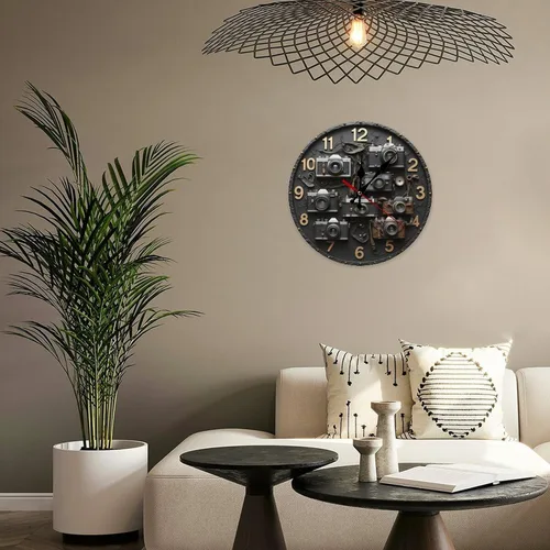 Vista 5 de Relojes retro con impresión de cámara para sala de estar, relojes de pared con pilas, silenciosos, sin tictac, 10 pulgadas, impresión 2D, reloj