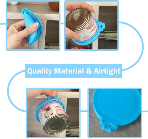 Vista 4 de Abrelatas para mascotas y 3 tapas para latas de comida para gatos, fundas universales de silicona sin BPA y cuchara multifunción para alimentos