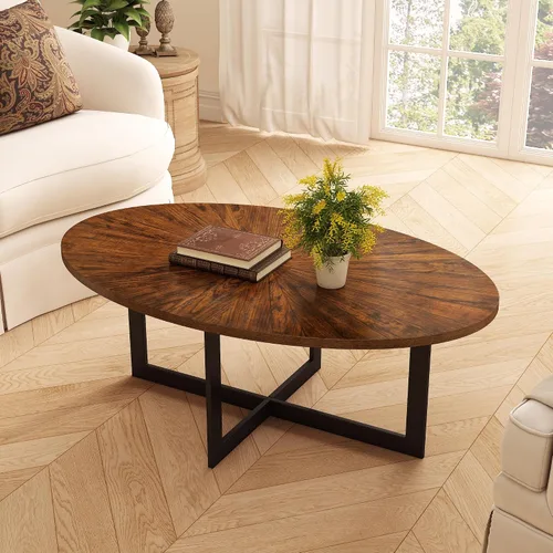 Vista 10 de Mesa auxiliar ovalada de madera con estante de almacenamiento, mesa de 2 niveles, negro y marrón Negro marrón-43.3 pulgadas
