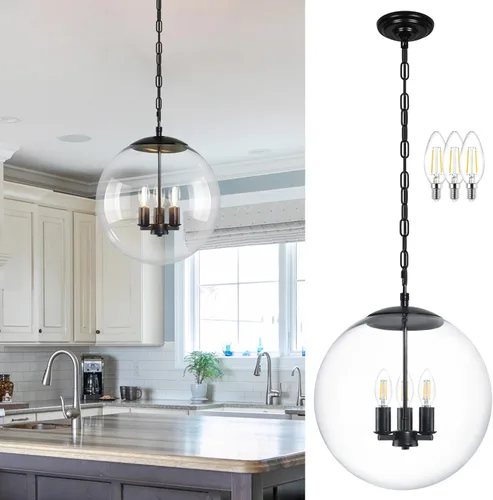 Vista 33 de KoKo&Yukina Luces colgantes modernas de globo de vidrio dorado de 6 pulgadas, paquete de 2 lámparas colgantes de vidrio transparente de mediados