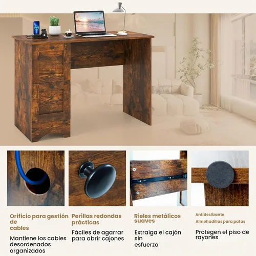 Vista 7 de Tangkula Escritorio para computadora con cajones y estación de carga, escritorio de madera para oficina en casa, escritorio para computadora Marrón