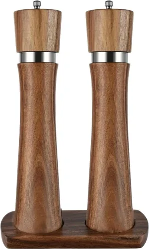 Vista 2 de Steel Ring Pepper Grinder,Manual Acacia Wood Mill,Multi Use Seasoning Bottle,Ceramic Core,BBQ Tool Shaker Sets (10in Set With Base)