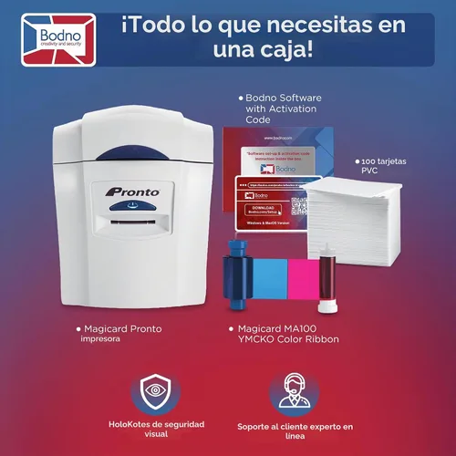 Vista 2 de Magicard Pronto. Impresora de tarjetas de identificación y paquete completo de suministros con software Bodno ID Edición Bronce