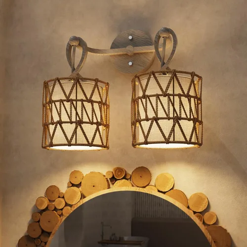 Vista 4 de N12-3 Aplique de pared de ratán bohemio de dos luces, accesorios de tocador para espejo, pantalla tejida en cruz y lámpara de pared cableada