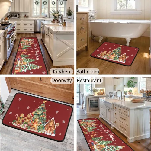 Vista 7 de Juego de 2 alfombras de cocina de Navidad, muñeco de nieve, árbol de Navidad, antideslizantes, lavables, decoración de cocina de invierno y Navidad