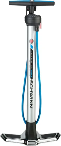Vista 8 de Schwinn Serie Air Center o bomba de piso básica, para una gama de bicicletas, 100, 120 o 160 PSI, mango de agarre suave, cabezal doble para válvulas