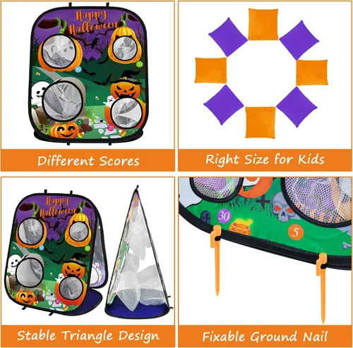 Vista 7 de Juegos de Halloween para fiesta de niños, juegos de lanzamiento de bolsas de calabaza fantasma, juegos de fiesta de Halloween, juegos de carnaval
