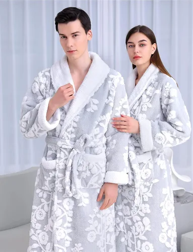 Vista 3 de Bata de baño de forro polar para mujer, larga y cálida, de lujo, mullida, con patrón jacquard
