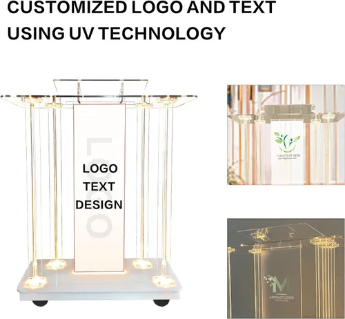 Vista 2 de Púlpito de Iglesia Personalizable con Logo y Texto, Atril con Soporte, Podium Transparente de Acrílico LED con Ruedas y Plataforma de Lectura