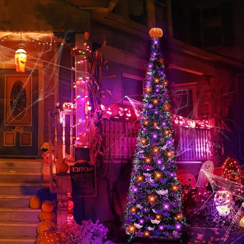 Vista 5 de TURNMEON Árbol de Halloween de oropel negro de 6 pies con luces