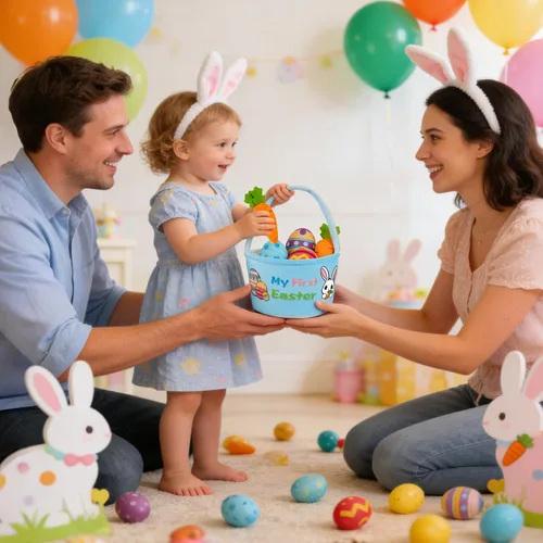 Vista 5 de Juego de 5 cestas de peluche para conejito de Pascua, cubos de Pascua con huevos de Pascua, cesta de caza para regalos de fiesta de Pascua, bolsas