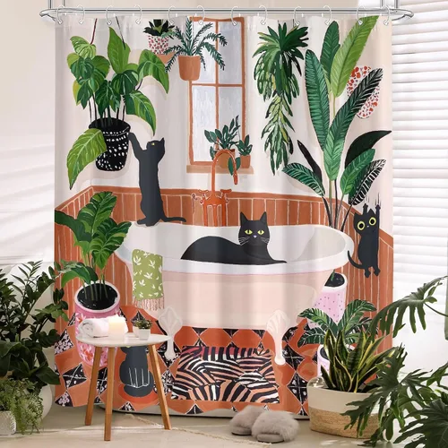 Vista 3 de Divertida cortina de ducha con diseño de gatos negros, estilo bohemio, bonita, divertida, para baño, gatito, verde, hojas tropicales, beige, marrón