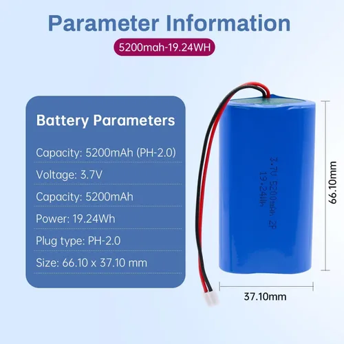 Vista 2 de Paquete de batería de iones de litio de 5200mAh 3.7V, batería recargable de Li-ion con conector JST-PH de 2.0mm 2Pin, baterías de 3.7 voltios