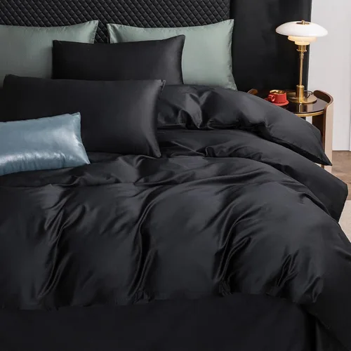 Vista 3 de MooMee Juego de funda de edredón 100% algodón de fibra extra larga de 600 hilos, satén sedoso, suave, transpirable, duradero, ropa de cama de Negro