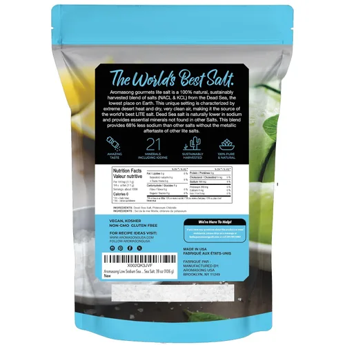 Vista 7 de Aromasong Sal marina baja en sodio 100% natural de grano fino cloruro de potasio del mar muerto con sal del mar muerto, 39 oz (1106 g)