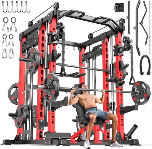 Vista 15 de XGSW Smith Machine Gimnasio en casa, jaula de potencia multifunción con sistema cruzado de cable de polea doble, estante para sentadillas para L06