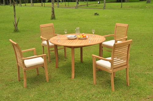 Vista 2 de grade-a 4 plazas de madera de teca 5 pieza conjunto de comedor: 48" mesa redonda y 4 sillas mas Stacking Arm # wfdsms3