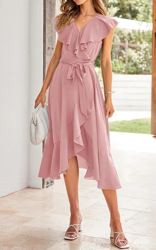 Vista 3 de PRETTYGARDEN - Verano 2024, vestido cruzado por debajo de la rodilla para mujer, con cuello en V profundo, estilo bohemio, floral, manga corta