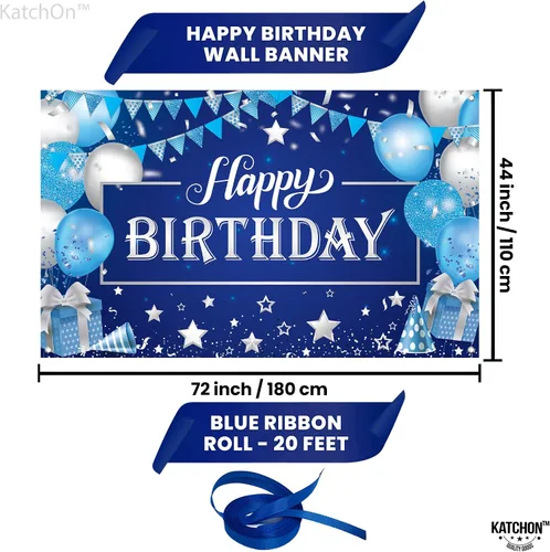 Vista 2 de KatchOn, Cartel grande de feliz cumpleaños plateado y azul - 72 x 44 pulgadas Cartel de pared de feliz cumpleaños para hombres Telón de fondo