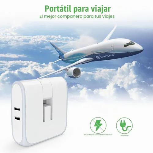 Vista 5 de Extensor de salida de pared plana con puertos de carga USB, tira de alimentación giratoria de 180°, 2 puertos USB, enchufe plegable de 2 clavijas
