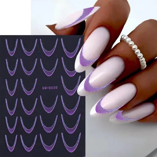 Vista 7 de Calcomanías de uñas de línea francesa, calcomanías de uñas de punta francesa con purpurina colorida 3D, autoadhesivas en 3D, puntas de uñas de línea