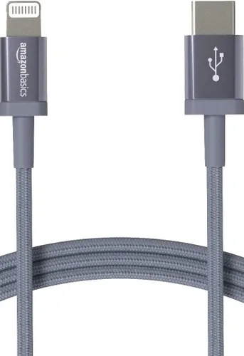 Vista 11 de Amazon Basics Cable de carga trenzado de nailon USB-C a Lightning de carga rápida con certificación MFi para iPhone y iPad de Apple, 3 pies, gris