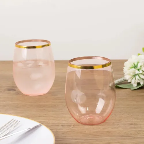 Vista 10 de Efavormart - Paquete de 12 copas de vino de plástico transparente ámbar dorado de 12 onzas con borde dorado, vasos reutilizables para bodas