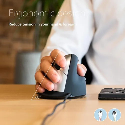 Vista 2 de R-Go HE Ratón ergonómico, con software de interrupción, cable USB-C (con convertidor USB-A), diseño vertical, túnel carpiano, clic silencioso