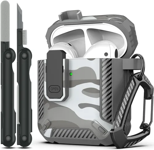 Vista 25 de RFUNGUANGO Funda para AirPod de 2ª generación con kit de limpieza, armadura protectora de carcasa dura militar con bloqueo para funda de carga