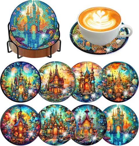 Vista 13 de Meothan Juego de 8 posavasos de arte de diamante para adultos con soporte, almohadillas de corcho, posavasos de arte de puntos de diamante de vidrio